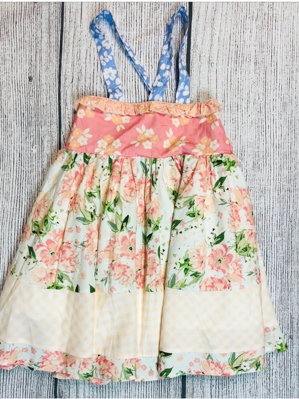 SweetHoney Floral Patchwork Dress with Pink Bodice and Blue Straps